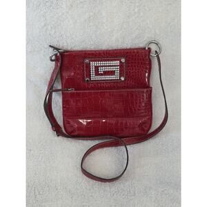 GUESS Chastity Croc Embossed Rhinestone Logo Crossbody Messenger Bag Purse Red
